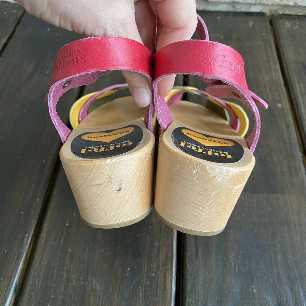 Swedish Hasbeens Toffel Multi Leather Wooden Heel Clog Sandals Size EU 39 US 8.5 - Picture 9 of 12